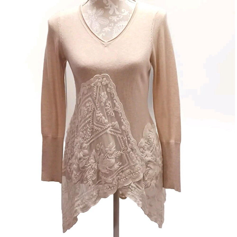 Angel of The North Beige Med Anthropology Knit Sweater With Lace Accent - Picture 2 of 8